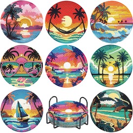 8 Pcs Beach Diamond Art Coasters Kits with Holder, DIY Landscape Diamond Painting Coasters Mosaic Kits for Adults, Round Non Slip Coaster Crafts for Tabletop Protection and Gifts