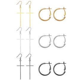Aroncent 6 Pairs of Cross Earrings Hoop Earrings Cross Pendant Earrings Girls Women Men, Stainless Steel