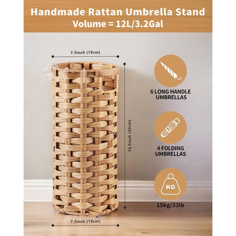 WAOHANAZ Rattan Umbrella Stand, Umbrella Holder for Entryway, Hand Woven
