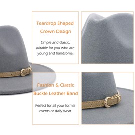Lisianthus Women Classic Felt Fedora Wide Brim Hat with Belt Buckle, Light Grey, Medium