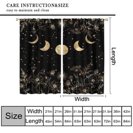 Cortinas de fase de luna dorada, abstractas, flores de lujo, hierbas, botánicas, clásico, color negro, dorado, brujoso, sol, luna, ventana, para recámara, sala de estar, cocina, 42 x 63 pulgadas (sin