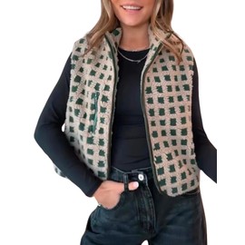 VALOZENC Womens Sleeveless Checkered Sherpa Vest with Pocket Zip Up Fleece Crochet Collar for Style Comfort (US, Alpha, Medium, Regular, Regular, Green)