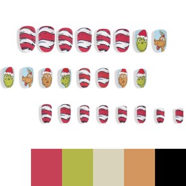 Christmas Press on Nails Short Almond Cartoon Acrylic Nails Green Hair Monster Grinchs Fake Nails Nails Cute Red Stripe Designs Glue on Nails Xmas Stick on Nails for Women 24Pcs