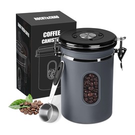 ROCKY&CHAO Coffee Canister Airtight Stainless Steel 1.5 L Coffee Beans Container 500 g Storage Container for Tea Nuts Cocoa Longer and Stay Fresh (Grey)