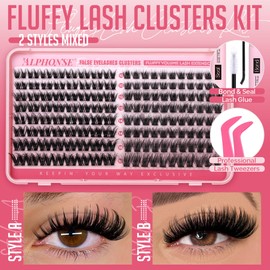Fluffy Lash Clusters Kit 2 Styles Mixed Cluster Eyelash Extensions Kit Wispy Individual Lashes DIY Lash Extension Kit with Bond and Seal Tweezers by ALPHONSE