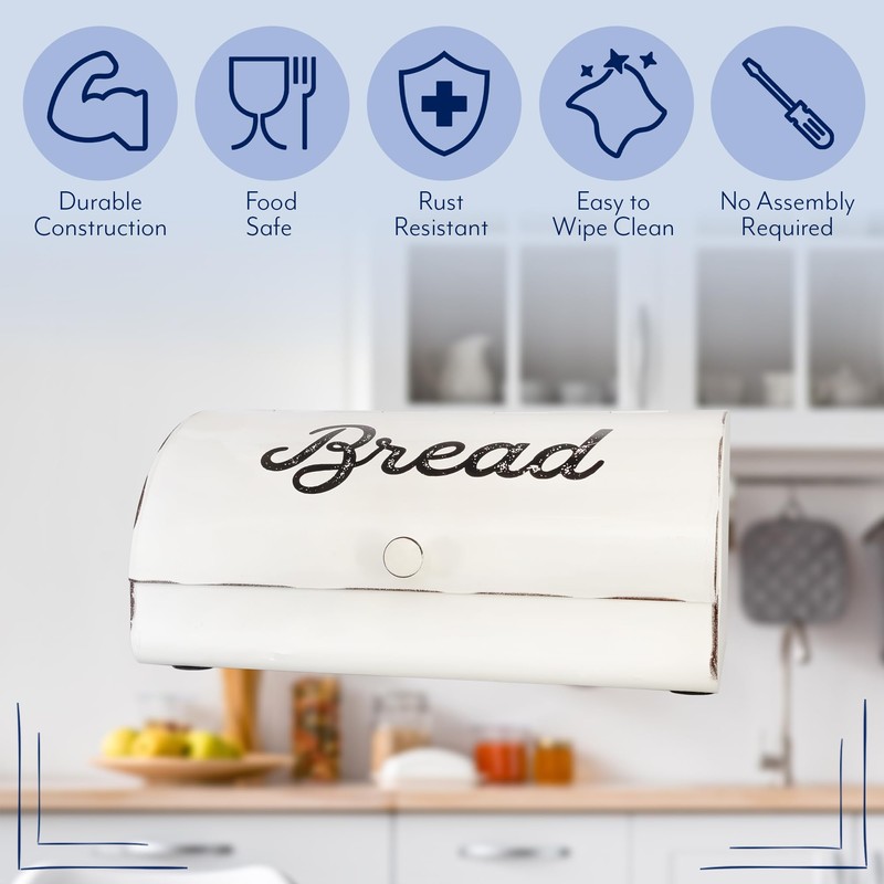AuldHome Design Rustic White Bread Box; Farmhouse Vintage Enamelware Countertop