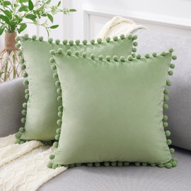 Topfinel Cushion Covers 45x45,Boho Cushion Covers 18 x 18 inches,Sage Green Velvet Pom Pom Spring Soft Cushion Cover with Invisible Zip for Sofa Chair Living Room,Pack of 2