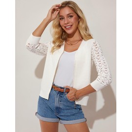 GRACE KARIN Summer Jackets for Women Lightweight 3/4 Sleeve Cropped Cardigan Crochet Zip Up Cardigan Sweater White XL