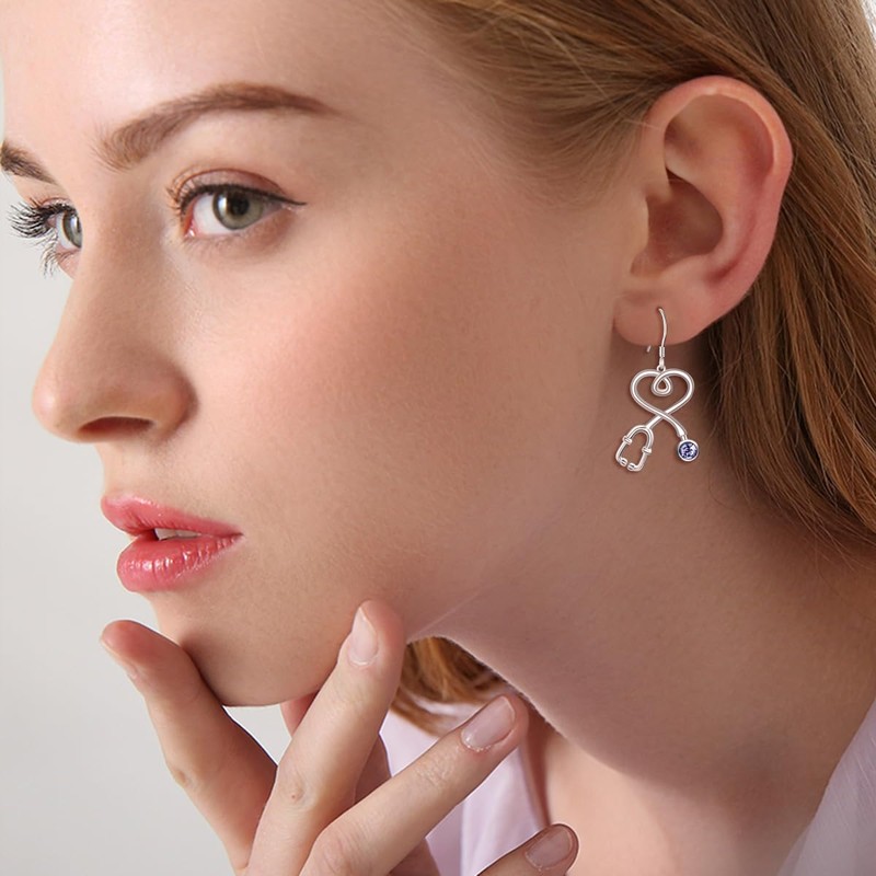 925 Sterling Silver Nurse Earrings Fish Hook Stethoscope Dangle Drop