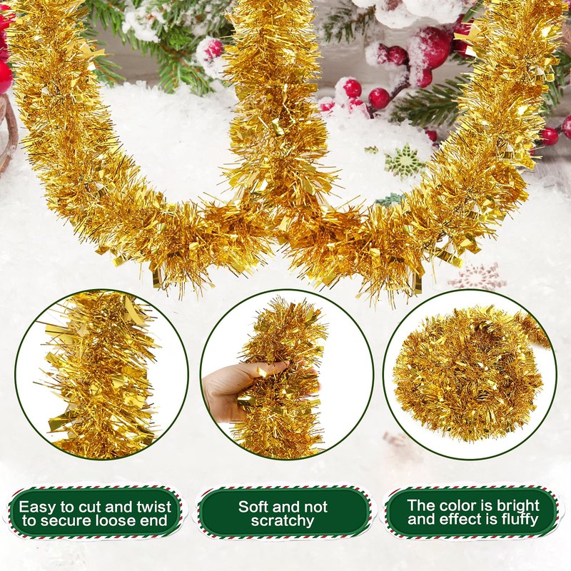 KIMOBER 33 Ft Christmas Tinsel Garland, Golden Metallic Garland for