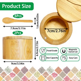 XingyLi 2 Pack Bamboo Salt Jars Round Storage Box for Salt and Spices with Magnetic Swivel Lid and 6 Spoons, Pepper and Spice Container, Spice Pot, Bowl, Jars for Kitchen