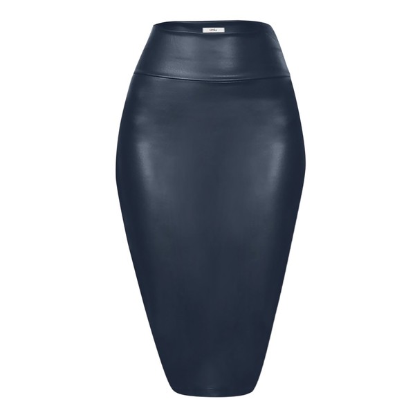 Falda de piel sintética tipo lápiz, longitud por debajo de la rodilla, falda midi entallada, para mujer, Azul marino (navy leather), S