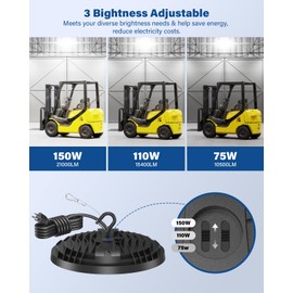 4 Pack 150W UFO LED High Bay Light, Adjustable Wattage 150W/110W/75W, 3-Color Temperature (3500K/5000K/6500K), 21,000LM, 120VAC, Plug & Play LED Shop Lights Fixture for Warehouse, Garage, Factory