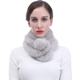 Unisex Faux Fur Winter Collar Scarf with Pom Pom Soft Fluffy (Light Grey)