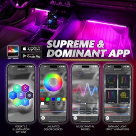 OPT7 Aura Pro Interior Car Lights with App & Remote Control, RGB Color Change, Music Sync Inside Ambient Lighting Kit, Car SUV Van Under Dash Decor, 12V Charger Adapter, 4PC Single Row LED Strip