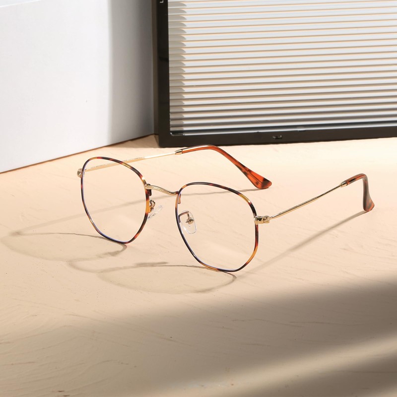 aisswzber Hexagonal Metal Blue Light Blocking Glasses 3548blue-Tortoise