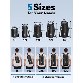 HEETA Waterproof Dry Bag with Front Zippered Pocket for Women Men, 5L/10L/20L/30L/40L Roll Top Lightweight Dry Storage Bag Backpack for Travel, Kayaking, Boating, Rafting, Camping, Beach (Black, 20L)