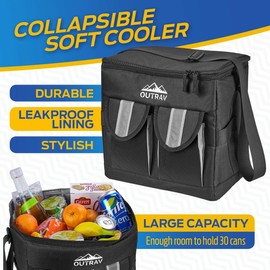 Black Padded Insulated Cooler – 30 Can Capacity - Soft Collapsible Leak Proof Tote for Camping, Picnics and Travel – Large Main Compartment, 2 Front Pouches, Handle and Shoulder Strap - Outrav
