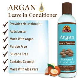 OKAY | Argan Leave In Conditioner | For All Hair Types & Textures | Restore, Hydrate & Smooth Hair | With Coconut, Almond, & Aloe Vera | Free Of Parabens, Silicones, Sulfates | 8 Oz