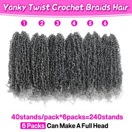 Youngther Yanky twist crochet hair Pre-Twisted Fluffy Twist with curly crochet hair for black women crochet hair pre looped Synthetic hair extension（12inch M1B/GREY 6PCS）
