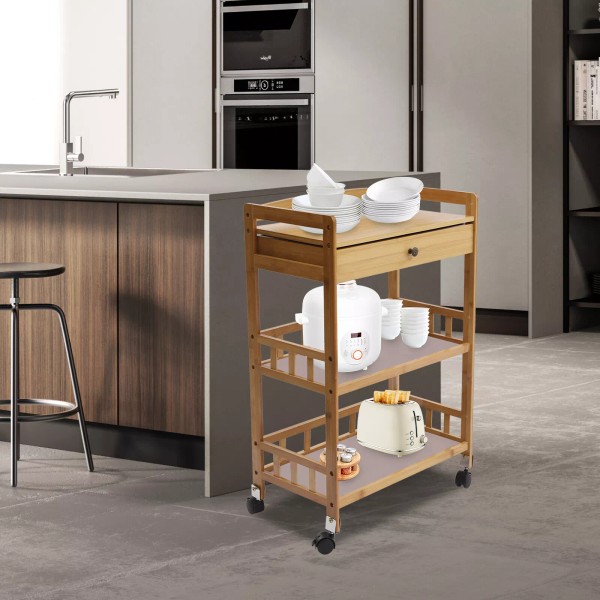 Unbranded Bamboo Home Rolling Kitchen Trolley W/ Storage Drawer Stand