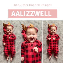 Aalizzwell Baby Christmas Outfit, Infant Toddler Buffalo Plaid Deer Long Sleeve Hooded Romper Zipper Xmas Clothes (Black, 0-6 Months)