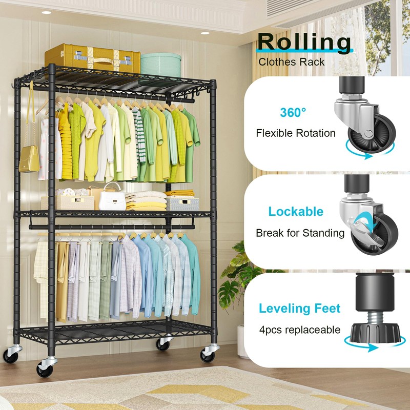 FUTASSI P3 Plus Rolling Clothes Rack, Clothing Racks for Hanging
