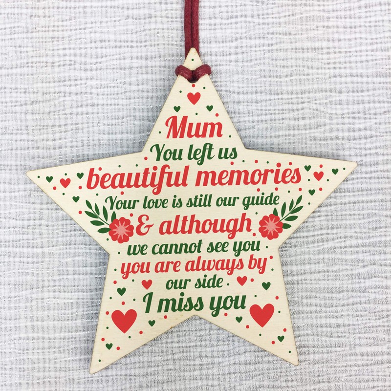 RED OCEAN Mum Memorial Christmas Tree Decorations Wooden Star Remembrance