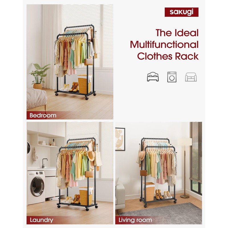 Sakugi Clothes Rack - Double Rods Clothing Rack with Mesh