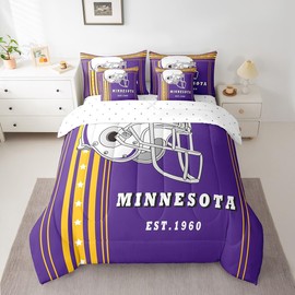 Twin Size 7-Piece Football Gifts Comforter Sets for Football Lovers American Football Comforter Set with Sheets,Minnesota(1 Comforter,1 Flat Sheet,1 Fitted Sheet,2 Pillowcases,2 Throw Pillow Covers)