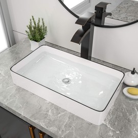 Couoko 24"x14" Rectangular Vessel Sink Above Counter Modern White with Black Edges Porcelain Ceramic Vanity Sink Basin
