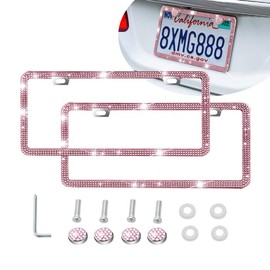 OtpOutopa Bling Rhinestone License Plate Frames Covers Holders, 2 Pack 2 Hole Universal Pink/White Stainless Steel Car Accessories with Glitter Crystal Caps for Women Vehicle (Pink)