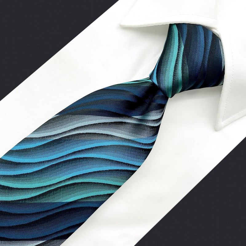 Shiraku to Wing Men's Necktie, Wavy, Blue, Floral, Silk, Green,
