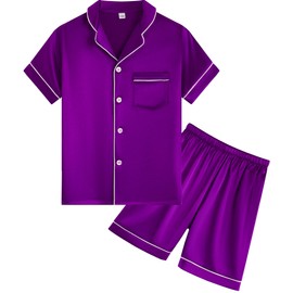 DF-deals Pajama Set for Kid Boy Girl Button-up Silk Pajama Sleepwear Nightwear Clothes Set Gifts for Kids Short Sleeve Loungewear Purple 160