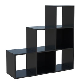 OSCHF Ladder Cube Storage Bookcase - Wooden L-Shaped 3-Tier Corner Shelf, Reversible 6-Cube Organizer for Home & Office, Black