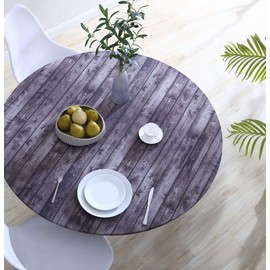 Brielle Home Easy Care Picnic Tablecloth Wood Printed Indoor Outdoor Elastic Cotton Fabric Fitted Dining Table Cover, 42" Round, Distressed Wood
