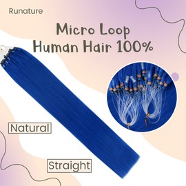 RUNATURE Blue Micro Ring Extensions Real Hair 45 cm Micro Ring Real Hair Extensions Colourful Blue Microlink Hair Extensions Real Hair Straight Hair 18 Inches 25 g