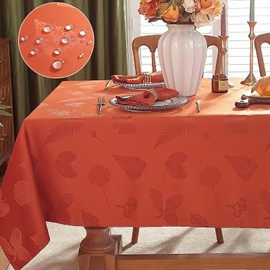 SASTYBALE Autumn Tablecloth Rectangle, Jacquard Heavy Duty Table Cloth with Fall Leaves, Washable & Spill Proof Damask Table Cover for Thanksgiving Harvest Holidays (152 x 259cm,Rust)