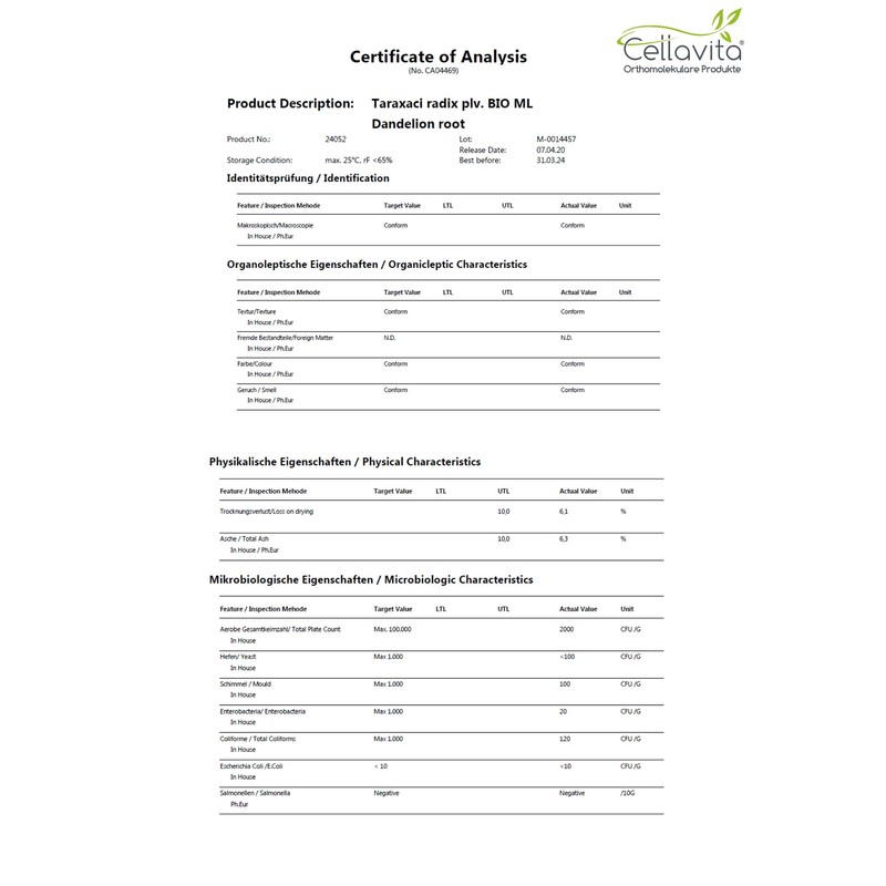 Cellavita Superfood Dandelion Root Extract Organic Powder Organic & Vegan