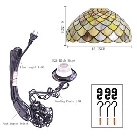 AVIVADIRECT Tiffany Pendant Light Plug in 12 Inch Brown Fish Scales Stained Glass Hanging Lamp with Chain 33 Inch, Cord 15 Feet