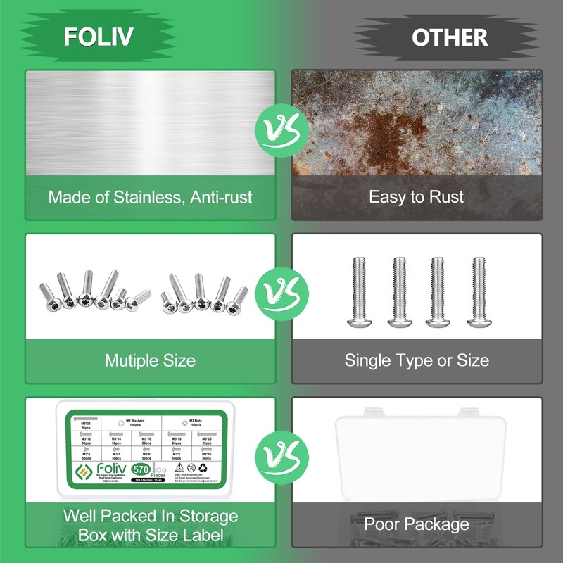 Foliv 570 Pieces Stainless Steel M3 Screws and Nuts Assortment
