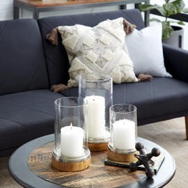 Deco 79 Wood Pillar Hurricane Lamp, Set of 3 13, 11, 9"H, Brown