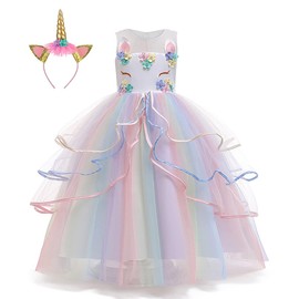 LZH Girls Unicorn Flower Dress Costume Cosplay Princess Birthday Party Dresses Up,6-7 Years,026-White