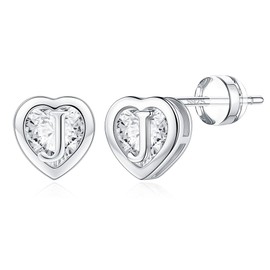 IEFWELL - arete de tuerca de corazón para niñas y mujeres, de plata de ley S925, hipoalergénicos, aretes de corazón con circonita cúbica, aretes con inicial, para adolescentes, niñas, regalos para