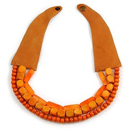 Multistrand Wood Bead and Leather Bib Style Necklace in Orange/Handmade - 64cm Long