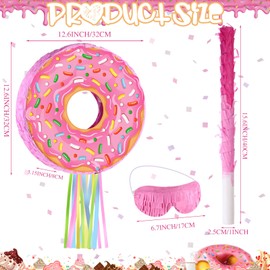Pink Donut Pinata with String, Bat and Blindfold Multicolor Colorful Pinata for Baby Reveal Girls Baby Shower Donut Grow up Theme Donut Party Birthday Anniversary Party, 12.6 x 12.6 x 3.15 Inch