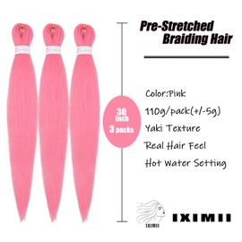 Sold by IXIMII 3 packs Pink Braiding Hair Pre Stretched 30 inch Pre-Stretched Kanekalon Braiding Hair Long Straight EZ Crochet Braids Soft Yaki Texture Synthetic Hair Extensions Hot Water Setting