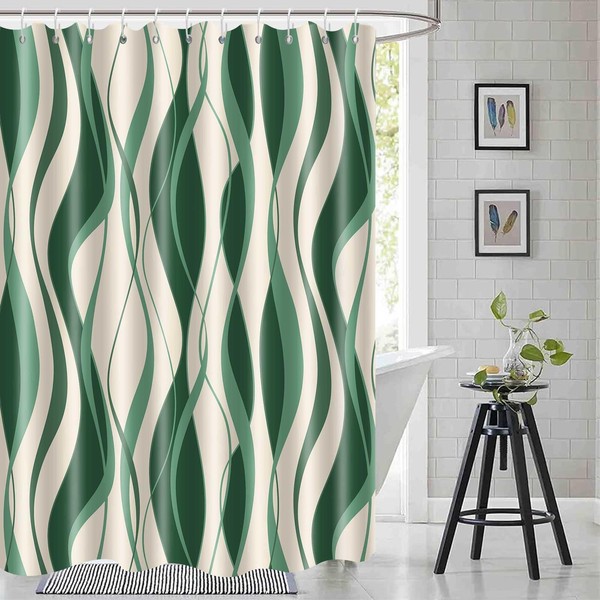 Ydbkt Green and Beige Striped Shower Curtain, Abstract Wavy Line