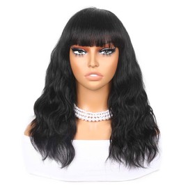 Lady Hanne Human Hair Wigs Natural Wave Human Hair Wig with Bangs for Black Women 16 inches None Lace Front Wear and Go Glueless Human Hair Wig