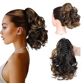 Wavy Claw Clip on Ponytail Hair Extensions Curly Clip in Ponytail Extension Jaw Clip Ponytail Hairpieces for Women Girls Fake (10 inch/25 cm, 4AH27)